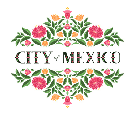 City Of Mexico Illustration Vector Background With Traditional Floral  Pattern From Mexican Embroidery Ornament For Travel Banner Tourist Postcard  Souvenir Card Design Stock Illustration - Download Image Now - iStock