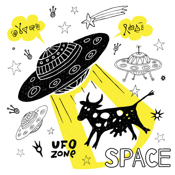 illustrazioni stock, clip art, cartoni animati e icone di tendenza di divertente ufo rapimento mucca spazio stelle astronave per copertura, tessile, t shirt. illustrazione vettoriale disegnata a mano - letter t illustrations