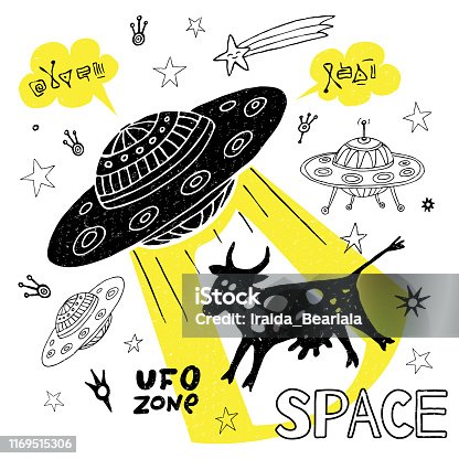istock Funny ufo abduction cow space stars spaceship for cover, textile, t shirt.Hand drawn vector illustration 1169515306