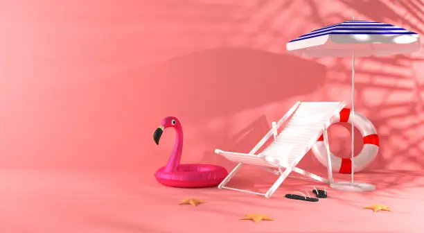 Photo of 3d rendering summer colored background . A chaise lounge, umbrella, slippers, starfish, inflatable flamingo circle with shadow from palm trees. Copy space