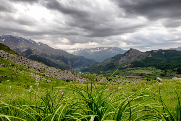 vista do vale de tena nos pyrenees, huesca, em spain - tena - fotografias e filmes do acervo