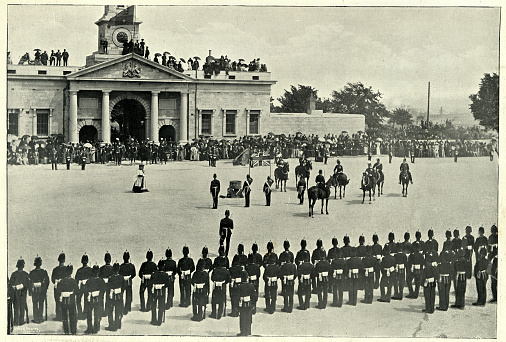 Vintage photograph of Presentation of Colours to the 2nd Battalion, Prince Albert's (Somersetshire light infantry), 19th Century