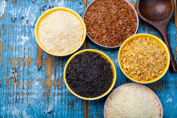 istock Different types of rice, white basmati, jasmine, arborio, brown and black 1169516595