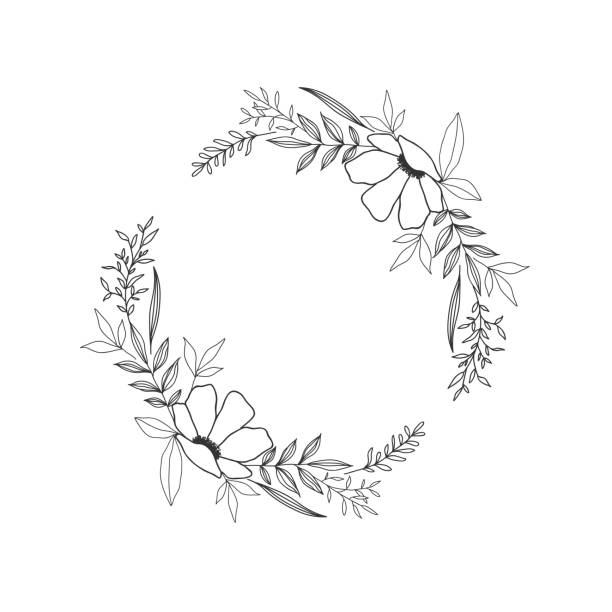 illustrazioni stock, clip art, cartoni animati e icone di tendenza di corona ovale floreale disegnata a mano su sfondo bianco - corona di fiori composizione