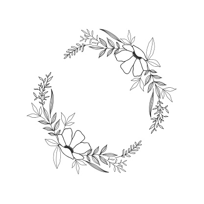Hand drawn black floral oval frame wreath with space to your text on white background