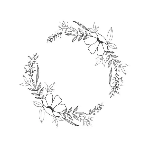 Vector illustration of Hand drawn floral oval frame wreath on white background