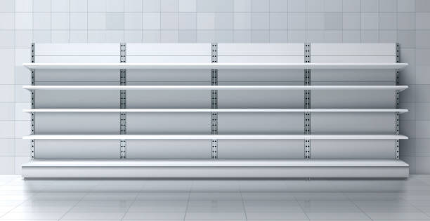 Supermarket long rack with empty shelves vector Grocery store, clothing shop, marker or supermarket long, wooden rack with empty shelves standing in trade room with tiled walls and floor 3d realistic vector. Retail industry furniture illustration market retail space illustrations stock illustrations