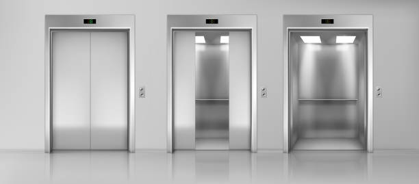 ilustraciones, imágenes clip art, dibujos animados e iconos de stock de ascensores cabinas vacías en el suelo vector realista - metal door measuring work tool
