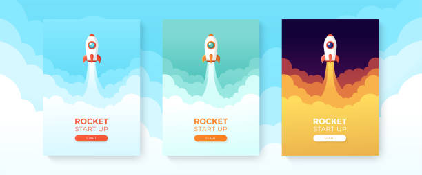 Rocket launch in the sky flying over clouds. Space ship in smoke clouds. Business concept. Start up template. Horizontal background. Simple modern cartoon design. Flat style vector illustration. Rocket launch in the sky flying over clouds. Space ship in smoke clouds. Business concept. Start up template. Horizontal background. Simple modern cartoon design. Flat style vector illustration. rocketship illustrations stock illustrations