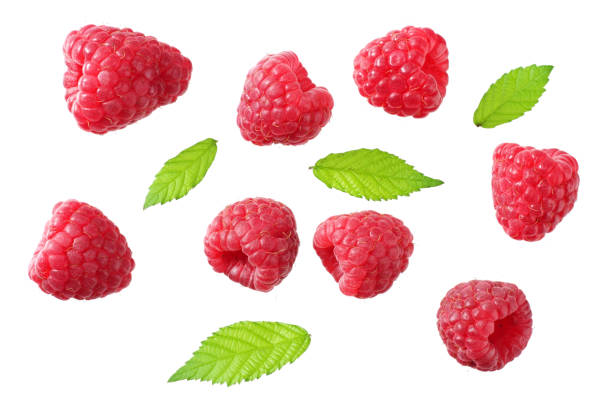 istock ripe raspberries with green leaf isolated on white background. top view 1169523043
