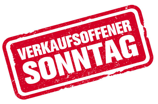 일요일 쇼핑이나 일요일 오프닝을 위한 독일어 verkaufsoffener sonntag 텍스트가 있는 지저분한 빨간색 고무 스탬프 인쇄 - 도장 stock illustrations
