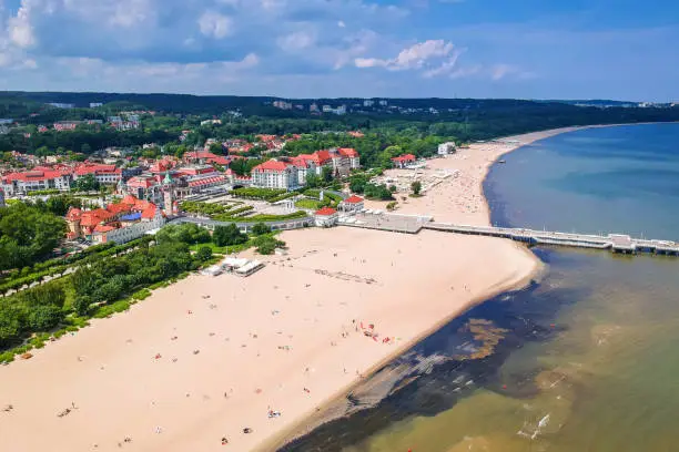 Aerial view for the Baltic sea coastline with wooden pier in Sopot, Poland