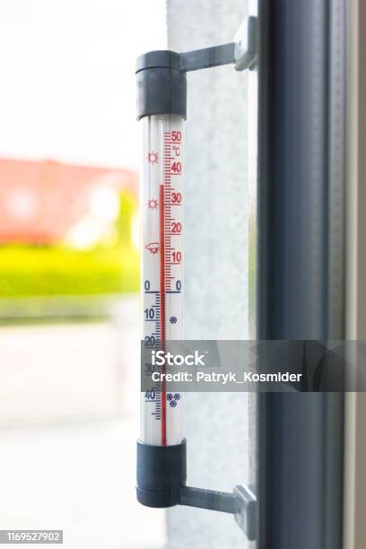 Thermometer Outside The Window Shows Very High Temperature Stock