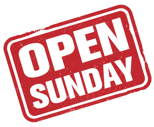 bildbanksillustrationer, clip art samt tecknat material och ikoner med grungy röd gummistämpel tryck med text öppen söndag - helgaktivitet