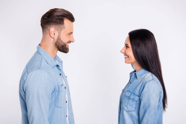 istock Profile side view portrait of his he her she nice attractive lovely lovable charming cute cheerful cheery persons first date meet connection communicate isolated over light white pastel background 1169530879