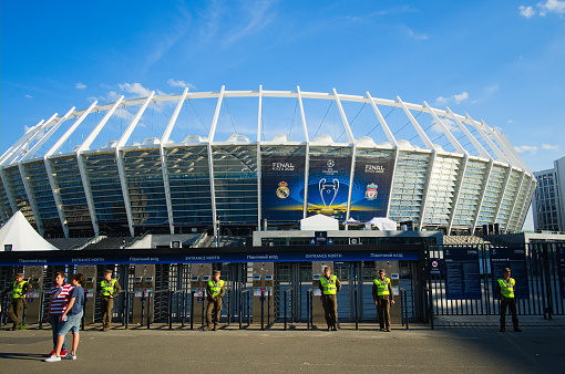 Kyiv, Ukraine - May, 2018: Police mans around NSC Olympic stadium before  the final match of UEFA Champions League 2018 Liverpool v Real Madrid.