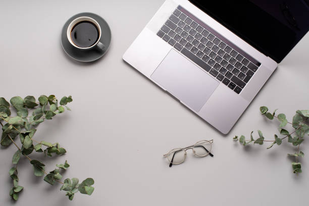 istock Flatlay with laptop, eucalyptus and a cup of coffee on gray background. Workspace concept. Copy space 1169539329