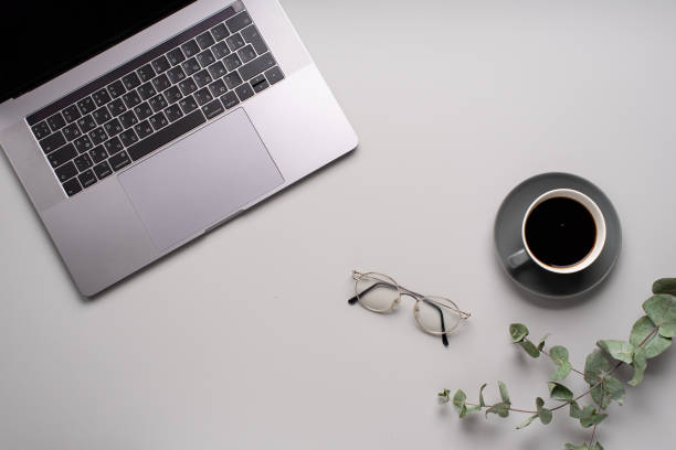 istock Flatlay with laptop, eucalyptus and a cup of coffee on gray background. Workspace concept. Copy space 1169539346