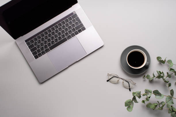 istock Flatlay with laptop, eucalyptus and a cup of coffee on gray background. Workspace concept. Copy space 1169539352
