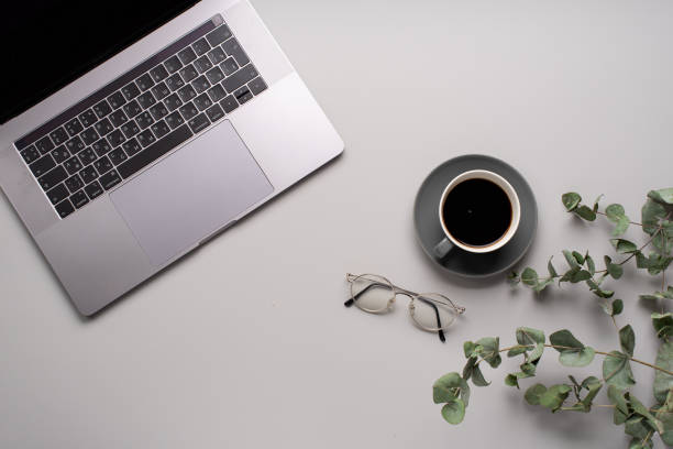 istock Flatlay with laptop, eucalyptus and a cup of coffee on gray background. Workspace concept. Copy space 1169539355