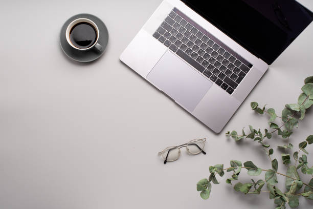 istock Flatlay with laptop, eucalyptus and a cup of coffee on gray background. Workspace concept. Copy space 1169539370