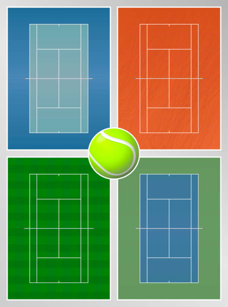 ilustraciones, imágenes clip art, dibujos animados e iconos de stock de tipos de superficies de canchas de tenis - tennis court tennis net indoors
