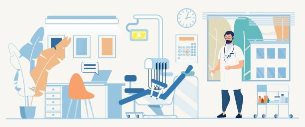 ilustraciones, imágenes clip art, dibujos animados e iconos de stock de flat doctor office ilustración interior de dibujos animados - equipped