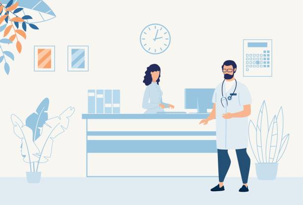 Doctor Talking to Nurse at Reception Desk Cartoon Doctor Talking to Nurse at Reception Desk Cartoon. Woman Working on Computer. Male Specialist in Uniform with Stethoscope Wearing Eyeglasses Waiting for Patient. Vector Flat Illustration chiefs stock illustrations