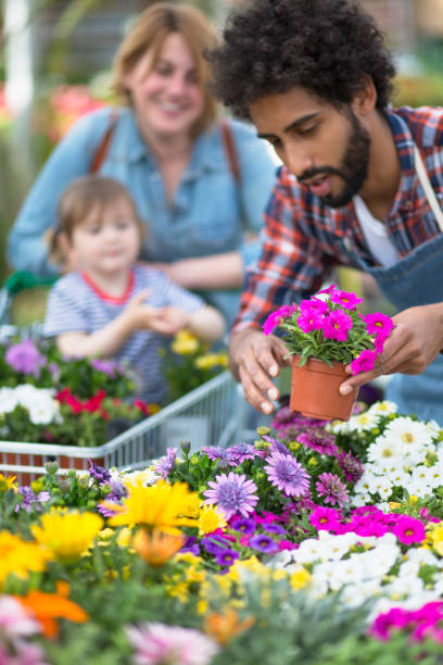Gardening Specialist Selecting Flowering Plant for Customers