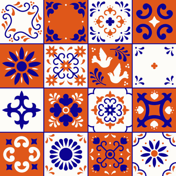 Mexican talavera pattern. Ceramic tiles with flower, leaves and bird ornaments in traditional style from Puebla. Mexico floral mosaic in navy blue, terracotta and white. Folk art design. Mexican talavera pattern. Ceramic tiles with flower, leaves and bird ornaments in traditional style from Puebla. Mexico floral mosaic in navy blue, terracotta and white. Folk art design folk stock illustrations