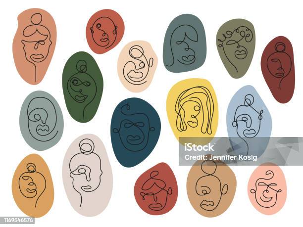 One Line Art Faces Colorful Stock Illustration - Download Image Now - Abstract, Multiracial Group, Diversity