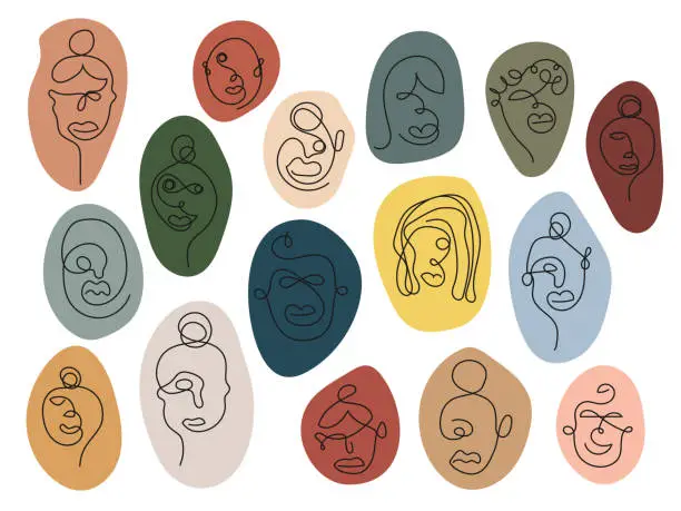 Vector illustration of One line art faces, colorful