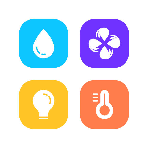 Set of web elements Set of web elements for ui ux design, temperature icons: rain drop, ventilation, lamp, thermometer. Vector flat design. heat transfer fluid stock illustrations