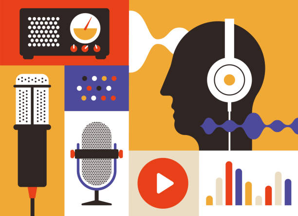 Podcast radio icons Podcast radio icons illustration set. Studio table microphone , men head with headset voice tracking, charts and play button.. Webcast audio record concept poster and logo. music speaker logo stock illustrations