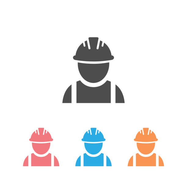 вектор строителя установил значок на белом - hardhat helmet hat construction stock illustrations