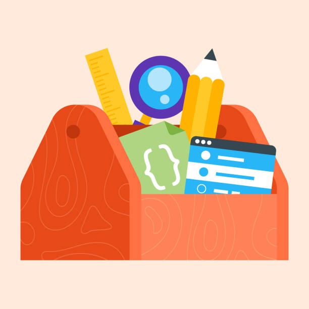 ilustraciones, imágenes clip art, dibujos animados e iconos de stock de caja de herramientas de codificación con las herramientas - tool box