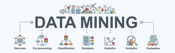 Data mining banner web icon for business and organization. Data set, process, classification, database, data analytic and evaluation. Minimal vector infographic. Data mining banner web icon for business and organization. Data set, process, classification, database, data analytic and evaluation. Minimal vector infographic. data mining stock illustrations
