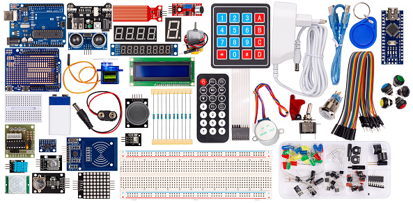 set collection microcontroller parts board display sensor button switches rfid module lcd cable wire accessories and equipment isolated on white electronics concept background