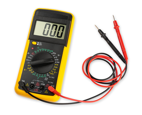 Yellow digital multimeter electronic measurement device tool with red and black cables isolated on white background. Installation service concept