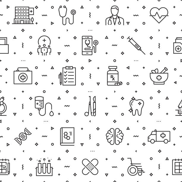 Vector set of design templates and elements for Healthcare and Medicine in trendy linear style - Seamless patterns with linear icons related to Healthcare and Medicine - Vector Vector set of design templates and elements for Healthcare and Medicine in trendy linear style - Seamless patterns with linear icons related to Healthcare and Medicine - Vector patient designs stock illustrations