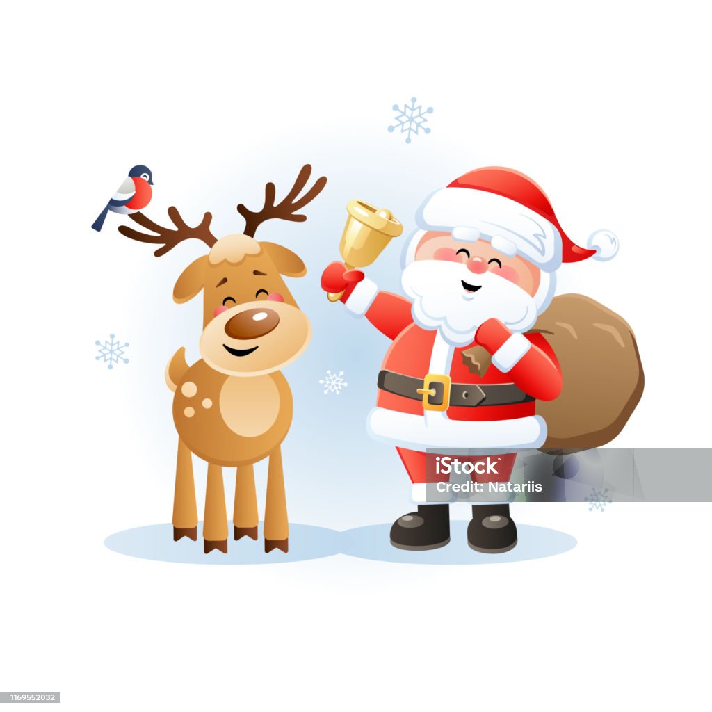 Merry Santa Claus With Reindeer And Bullfinch Cute Christmas ...