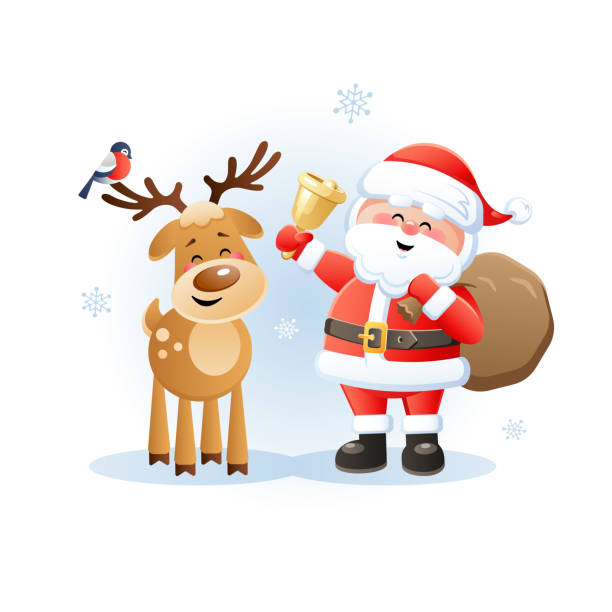 Merry Santa Claus With Reindeer And Bullfinch Cute Christmas Cartoon Characters Stock Illustration - Download Image Now - iStock Merry Santa Claus With Reindeer And Bullfinch Cute Christmas Cartoon Characters Stock Illustration - Download Image Now - iStock