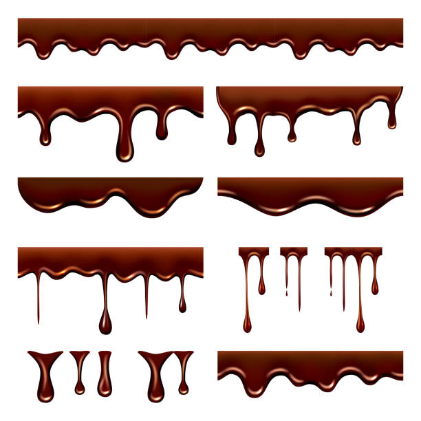 Chocolate dripped. Sweet flowing liquid food with splashes and drops caramel cacao vector realistic pictures Chocolate dripped. Sweet flowing liquid food with splashes and drops caramel cacao vector realistic pictures. Brown liquid dessert, sweet drip melt liquid illustrations stock illustrations