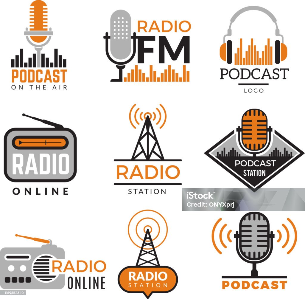 Logo radio. Podcast towers wireless badge stazione radio simboli raccolta vettoriale - arte vettoriale royalty-free di Logo