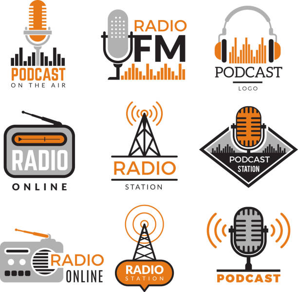 illustrazioni stock, clip art, cartoni animati e icone di tendenza di logo radio. podcast towers wireless badge stazione radio simboli raccolta vettoriale - radio