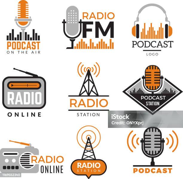 Logo Radio Podcast Towers Wireless Badge Stazione Radio Simboli Raccolta Vettoriale - Immagini vettoriali stock e altre immagini di Logo