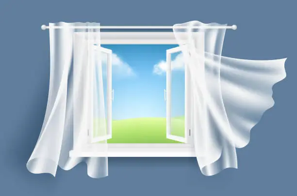 Vector illustration of Open window with curtains. Sunny background with glass light window and flowing fluttering fabric curtain vector realistic