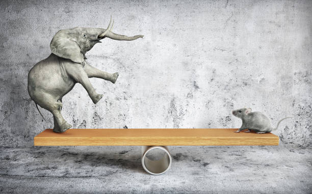 Concept of things importance. Elephant and mouse balanced on a seesaw. 3d illustration