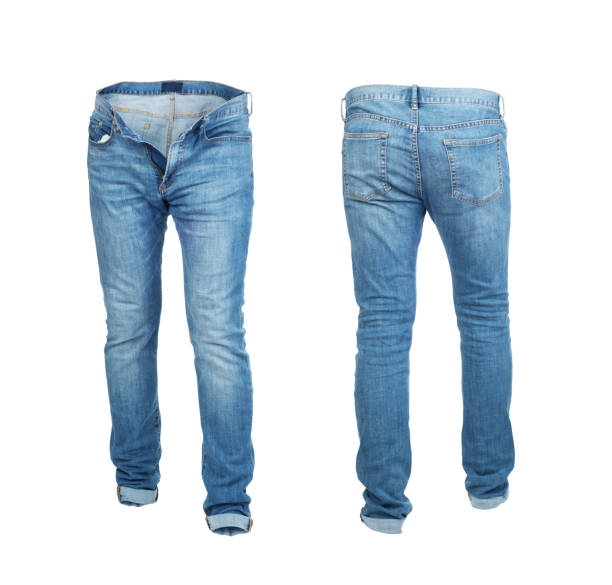 istock Blank empty jeans pants frontside and backside in moving isolated on a white background 1169555112