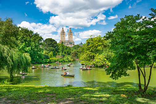 New York City, New York/USA- August 11, 2019. Manhattan, Central Park view of lake with people in rawing boats and skyscrapers in the background,